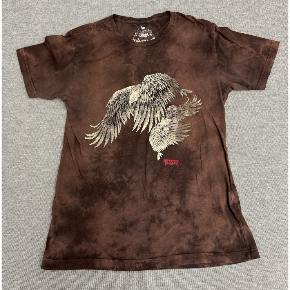 Y2K Levis Men L Brown Eagle Tie Dye T-shirt Short Sleeve Graphic Distress Grunge